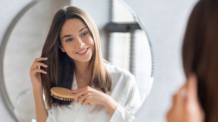 Haircare,Concept.,Attractive,Young,Lady,Brushing,Her,Thick,Beautiful,Hair